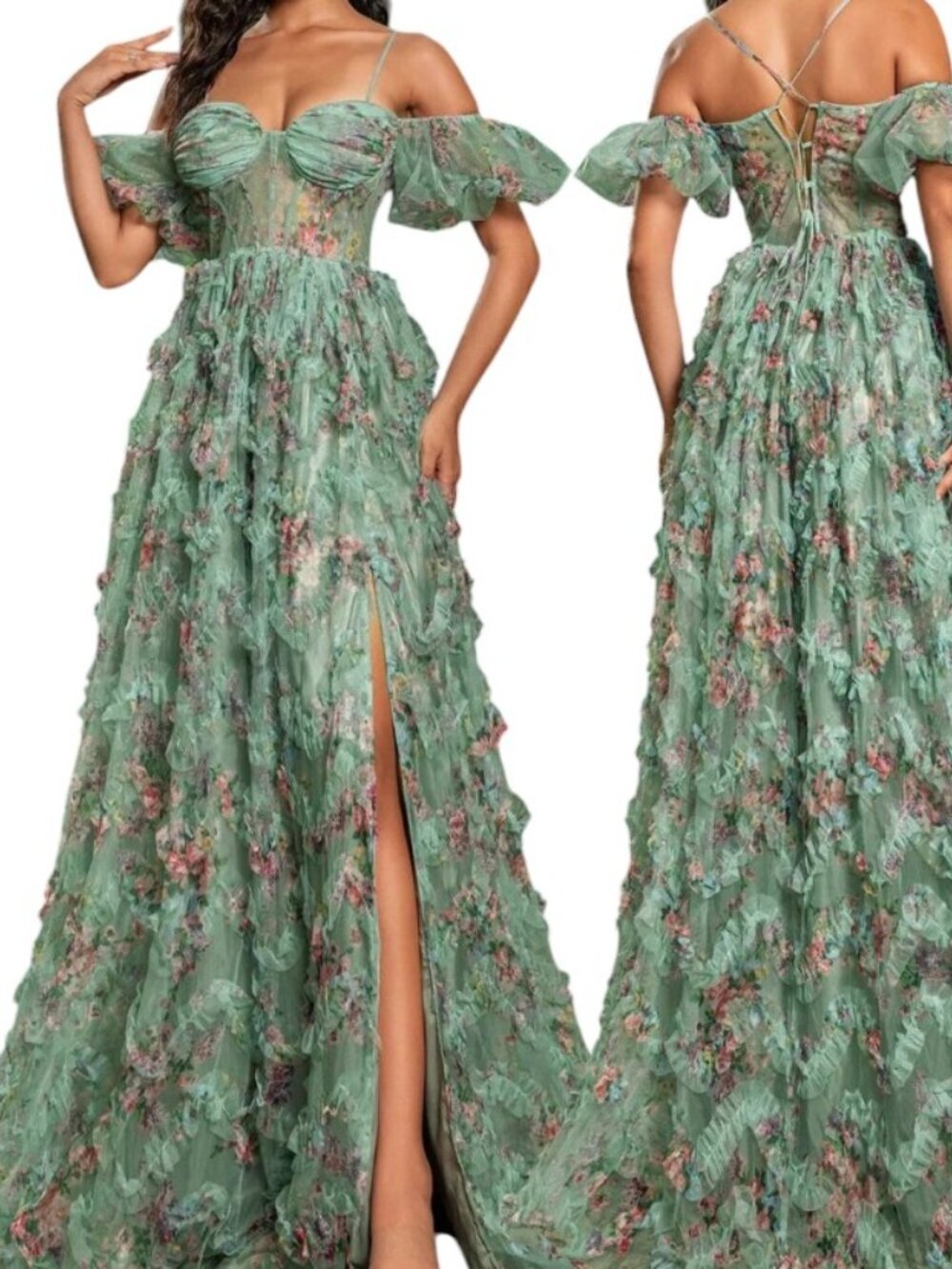 Faeriesty Floral Mesh Thigh-High Slit Dress